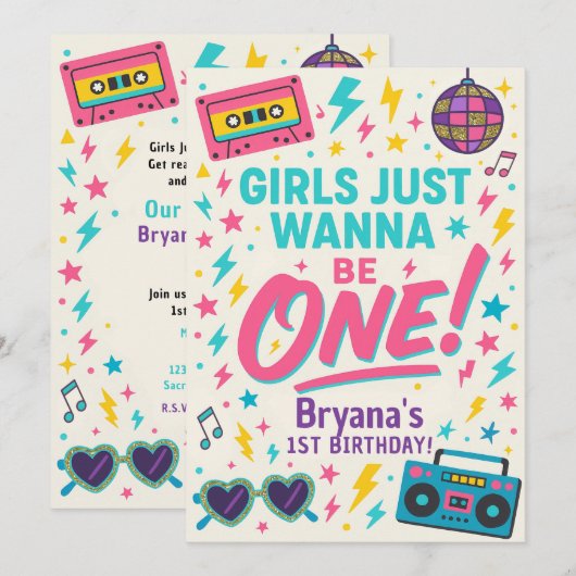 Girls just wanna be ONE Pop 1st Birthday Party Kaart (Voorkant / Achterkant)