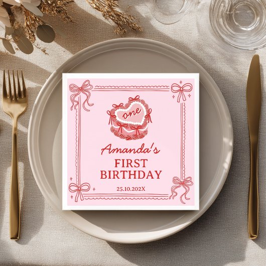 Girls Just Wanna Be One Red Pink Bow Cake Birthday Servet