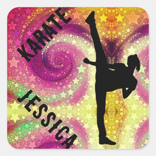 Girls Karate Tropical Swirl High Kick Vierkante Sticker (Voorkant)