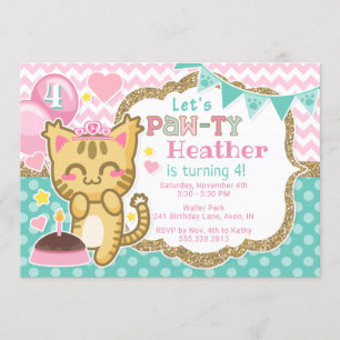 Girl's Kat Princess Birthday Paw-ty Invitation Kaart