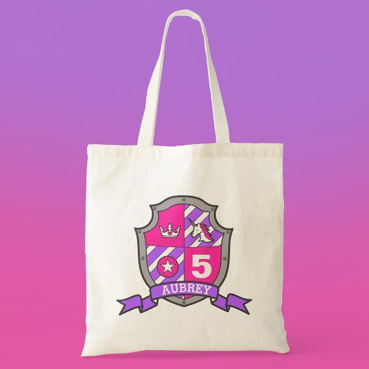 Girls knight shield gepersonaliseerde bibliotheekt tote bag