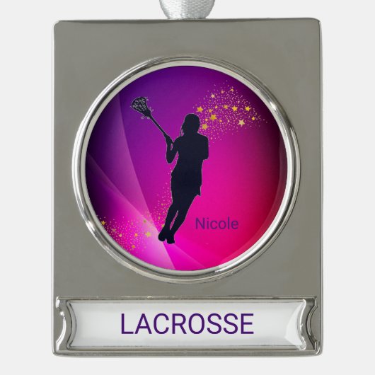 Girls Lacrosse kerstversiering Verzilverd Banner Ornament (Voorkant)