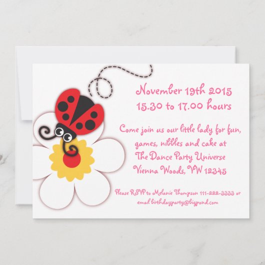 Girls ladybug-partij roze uitnodiging (Achterkant)