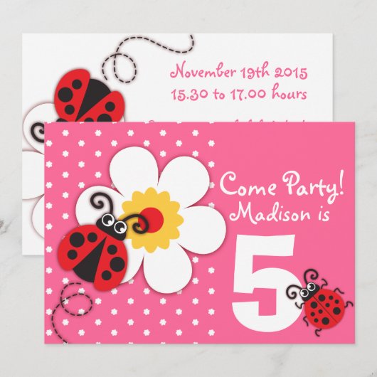 Girls ladybug-partij roze uitnodiging (Voorkant / Achterkant)