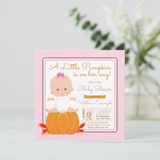 Girls Little Pumpkin Baby shower Invitation Kaart (Staand voorkant)