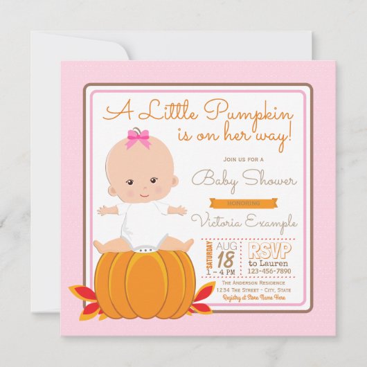 Girls Little Pumpkin Baby shower Invitation Kaart (Voorkant)