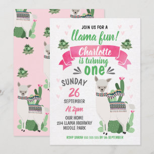 Girls Llama Birthday Invitation Kaart