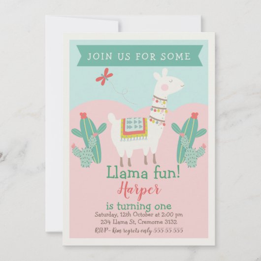 Girls Llama Cactus Birthday Invitation Kaart (Voorkant)