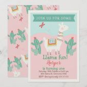 Girls Llama Cactus Birthday Invitation Kaart (Voorkant / Achterkant)