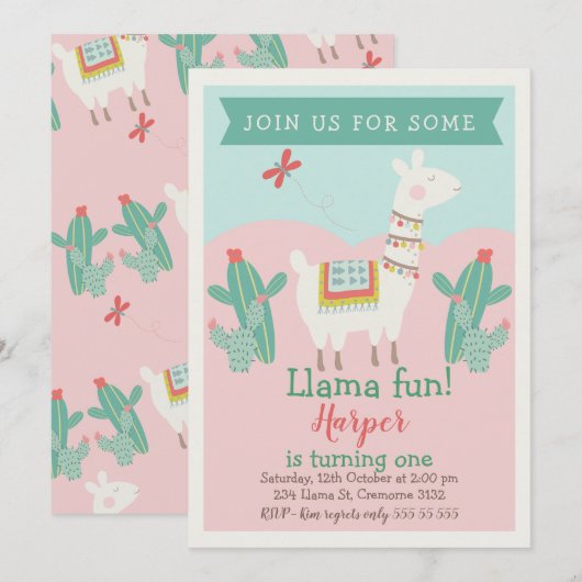 Girls Llama Cactus Birthday Invitation Kaart (Voorkant / Achterkant)