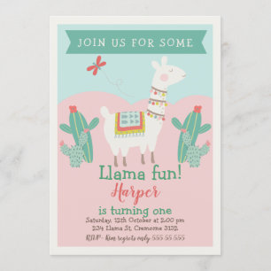Girls Llama Cactus Birthday Invitation Kaart