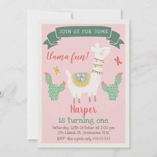 Girls Llama en cactus Birthday Invitation Kaart (Voorkant)