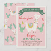 Girls Llama en cactus Birthday Invitation Kaart (Voorkant / Achterkant)