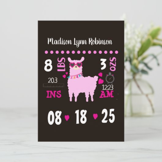 Girls llama Foto geboorteaankondiging Kaart (Staand voorkant)