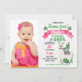 Girls Llama Photo Birthday Invitation Kaart (Voorkant)