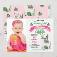 Girls Llama Photo Birthday Invitation