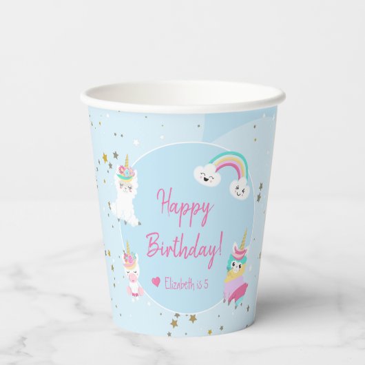 Girls Llamacorn Unicorn Happy Birthday Papieren Bekers (Achterkant)
