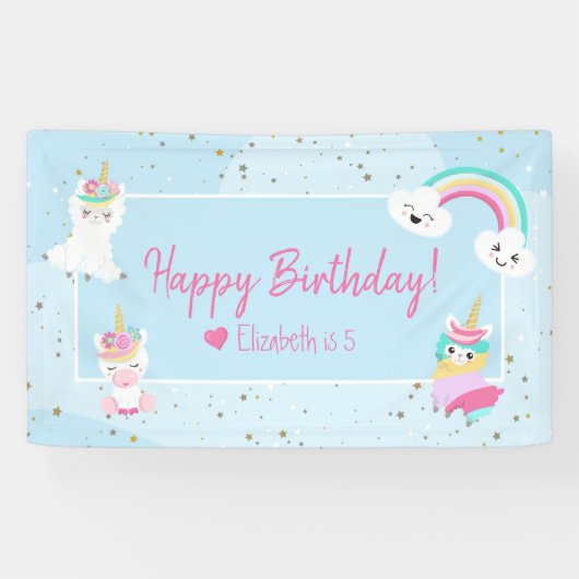 Girls Llamacorn Unicorn Happy Birthday Party Spandoek (Horizontaal)