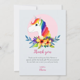 Girls Modern Rainbow Unicorn Flowers Baby shower Bedankkaart