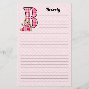 Girl's Monogrammed Letter B Teddy Bear Lined Briefpapier