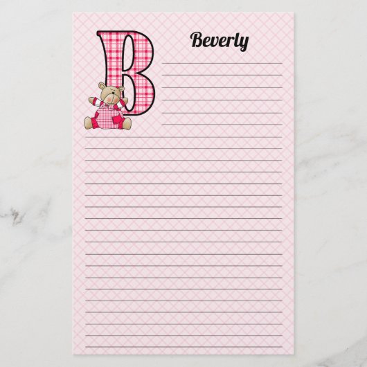 Girl's Monogrammed Letter B Teddy Bear Lined Briefpapier (Voorkant)