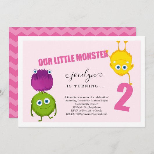 Girl's Monster Eerste Uitnodiging voor het 2e Verj (Voorkant / Achterkant)