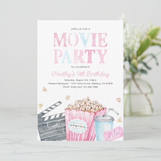 Girl's Movie Verjaardagsfeestje Uitnodiging (Staand voorkant)