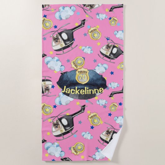 Girl's Name Cute Blue Police Hat Beach Towel Strandlaken (Voorkant)