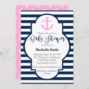 Girls Nautical Baby shower Invitation Kaart
