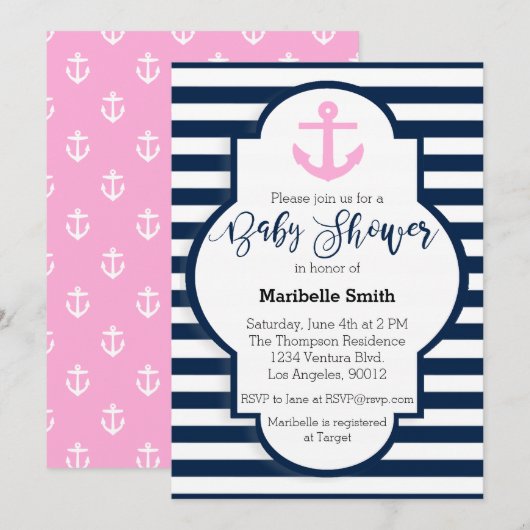 Girls Nautisch Baby shower Uitnodiging (Voorkant / Achterkant)