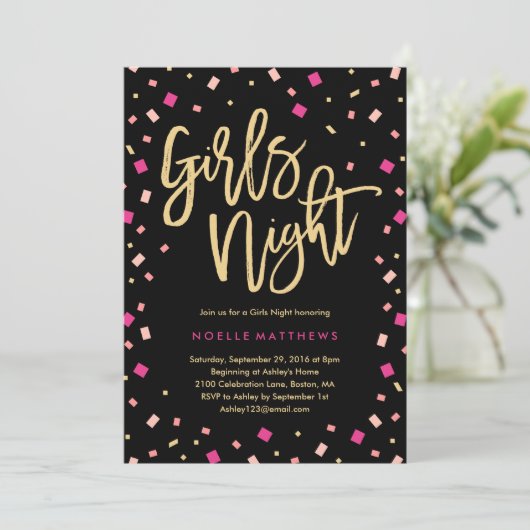 Girls Night Confetti Bachelorette Party Uitnodigin Kaart (Staand voorkant)