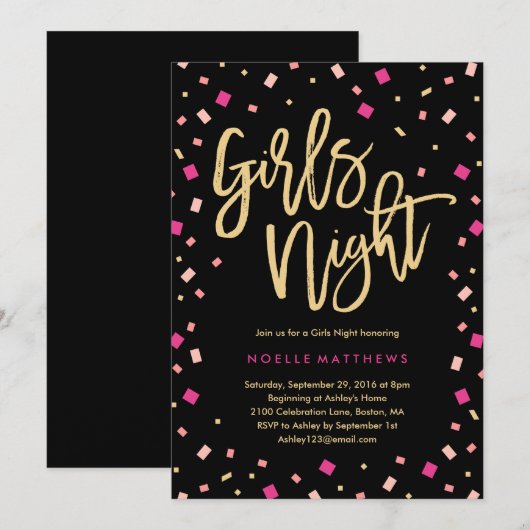 Girls Night Confetti Bachelorette Party Uitnodigin Kaart (Voorkant / Achterkant)