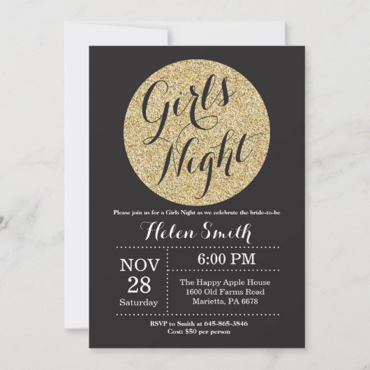 Girls Night Out Black en Gold Glitter Uitnodiging (Voorkant)