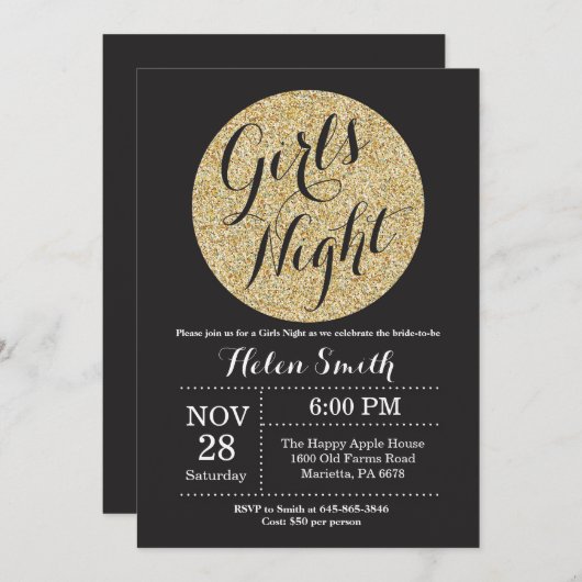 Girls Night Out Black en Gold Glitter Uitnodiging (Voorkant / Achterkant)