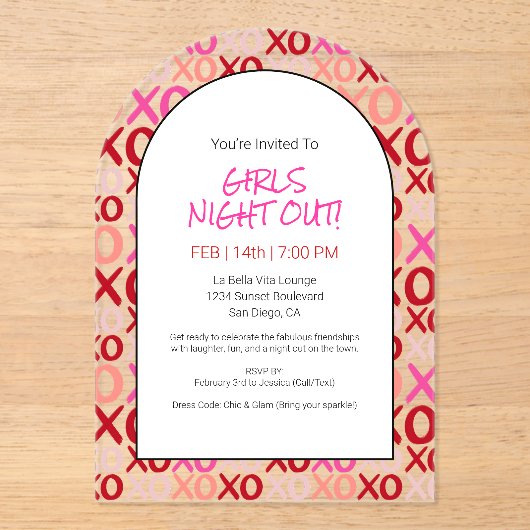 Girls Night Out Knuffels en Kusjes Galentijn Party Acryl Uitnodigingen (Voorkant)