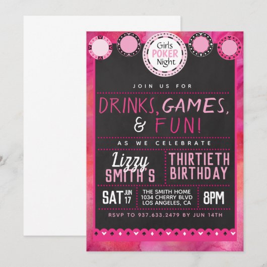 Girls Night Poker Birthday Kaart (Voorkant / Achterkant)