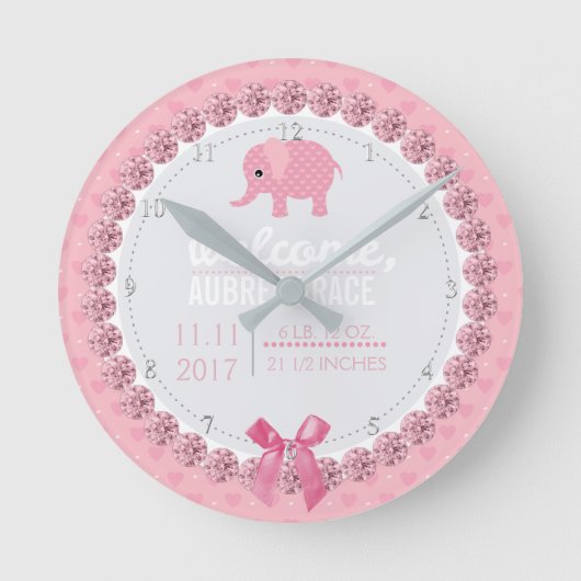 Girls Nursery Pink Elephant | Aangepaste geboortes Ronde Klok (Voorkant)