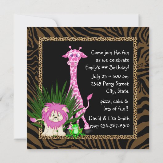 Girls Oerwoud Safari Verjaardagsfeestuitnodigingen Kaart (Achterkant)