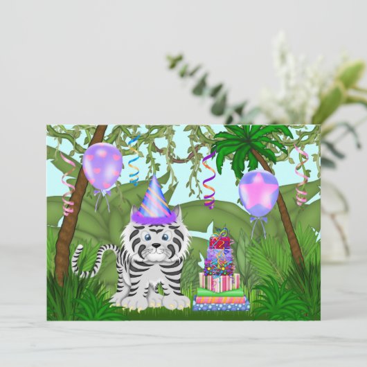 Girls Oerwoud White Tiger Birthday Party Invitatio Kaart (Staand voorkant)