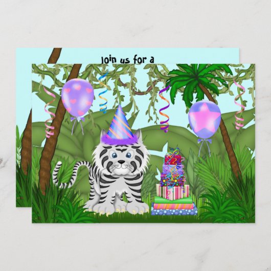 Girls Oerwoud White Tiger Birthday Party Invitatio Kaart (Voorkant / Achterkant)