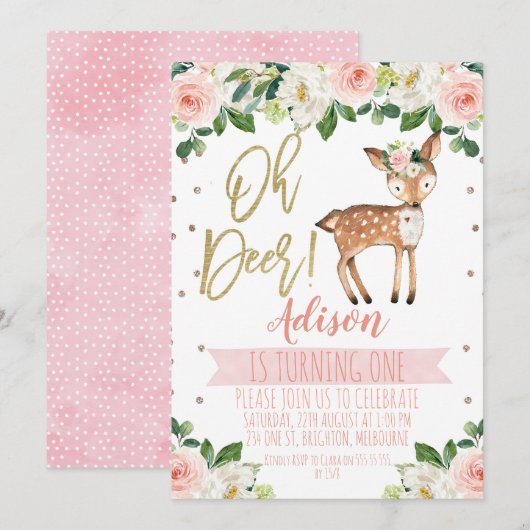 Girls Oh Deer Birthday Party Invitation Kaart (Voorkant / Achterkant)