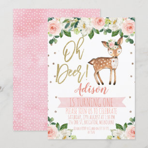 Girls Oh Deer Birthday Party Invitation Kaart