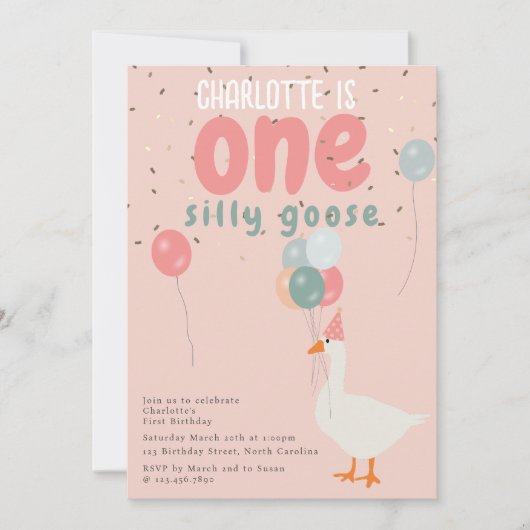 Girl's One Gekke Goose 1st Birthday Party Roze Kaart (Voorkant)