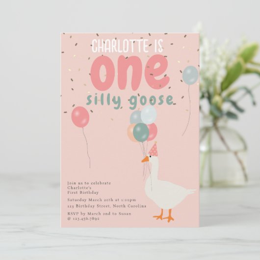 Girl's One Gekke Goose 1st Birthday Party Roze Kaart (Staand voorkant)