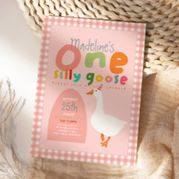 Girls One Silly Goose Pink Gingham First Birthday Kaart