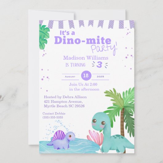Girls Paars Dinosaur 3rd Birthday Party Kaart (Voorkant)