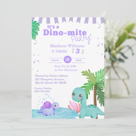 Girls Paars Dinosaur 3rd Birthday Party Kaart (Staand voorkant)