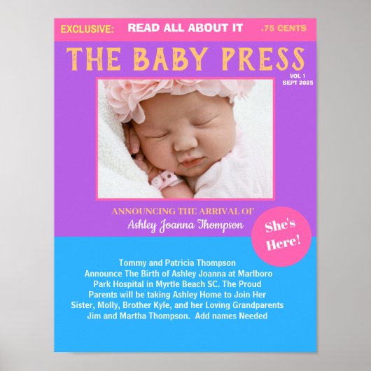 Girls Paars Keepomwille Photo Birth Announding Poster (Voorkant)