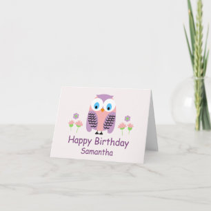 Girls Paarse Owl Birthday Card Kaart