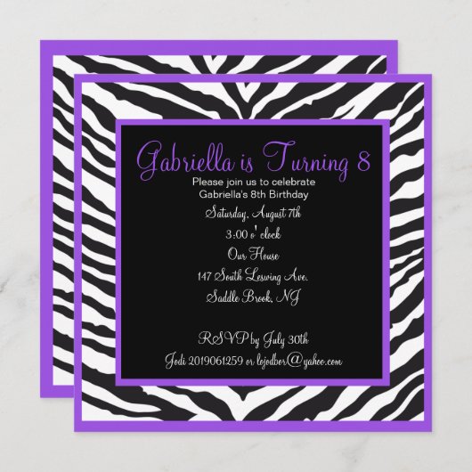 Girls Paarse Zebra Print Birthday Uitnodiging (Voorkant / Achterkant)